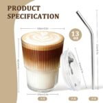 4 Packs Ribbed Glass Tumbler with Lid and Straw 13 oz Cute Ice Coffee Cup Set for Smoothie Juice Matcha Tea Latte Cappuccino Espresso Hot Coffe Water Reusable Clear Travel Boba...