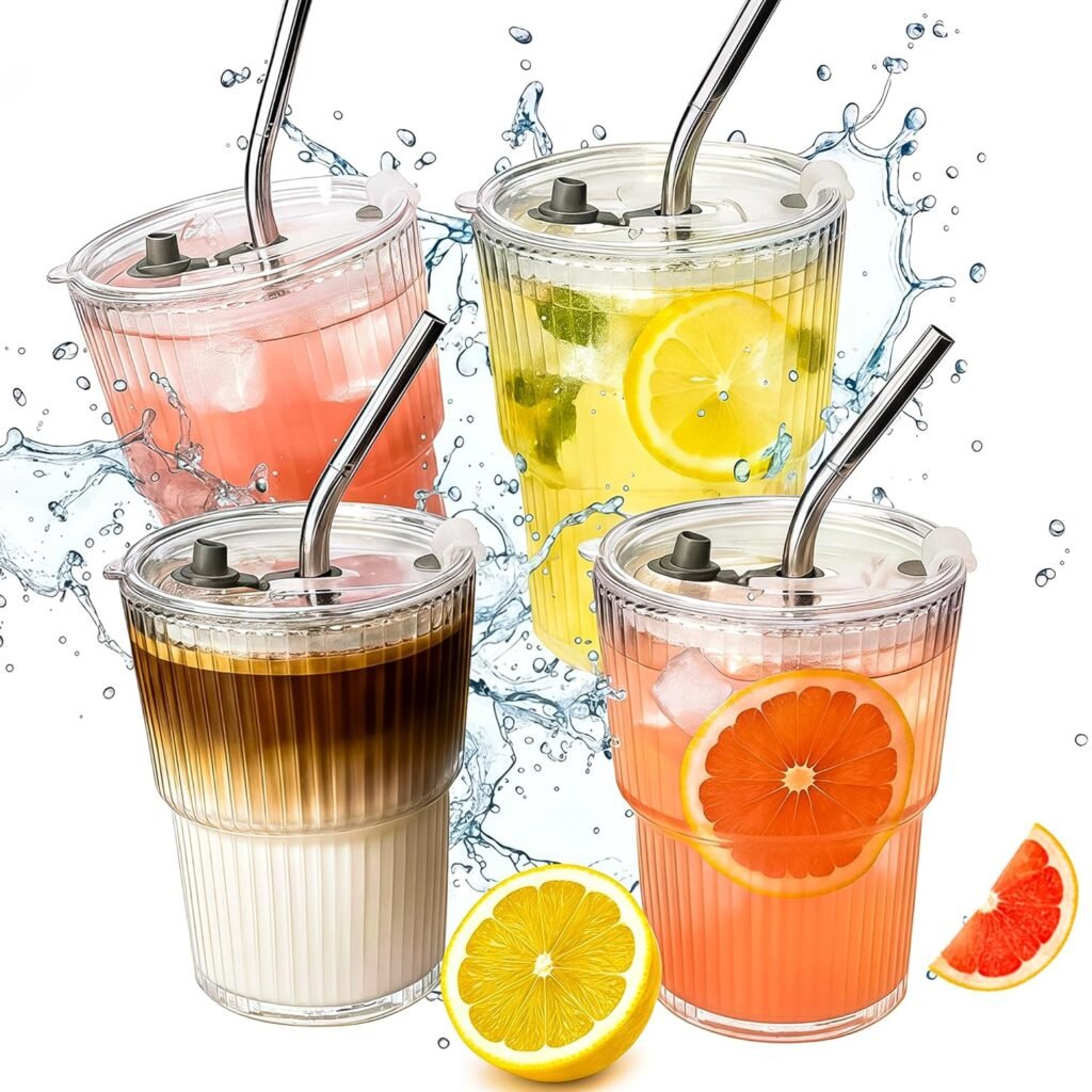 4 Packs Ribbed Glass Tumbler with Lid and Straw 13 oz Cute Ice Coffee Cup Set for Smoothie Juice Matcha Tea Latte Cappuccino Espresso Hot Coffe Water Reusable Clear Travel Boba...