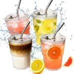 4 Packs Ribbed Glass Tumbler with Lid and Straw 13 oz Cute Ice Coffee Cup Set for Smoothie Juice Matcha Tea Latte Cappuccino Espresso Hot Coffe Water Reusable Clear Travel Boba...