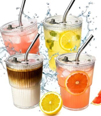4 Packs Ribbed Glass Tumbler with Lid and Straw 13 oz Cute Ice Coffee Cup Set for Smoothie Juice Matcha Tea Latte Cappuccino Espresso Hot Coffe Water Reusable Clear Travel Boba...