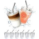 4 Packs Ribbed Glass Tumbler with Lid and Straw 13 oz Cute Ice Coffee Cup Set for Smoothie Juice Matcha Tea Latte Cappuccino Espresso Hot Coffe Water Reusable Clear Travel Boba...
