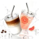 4 Packs Ribbed Glass Tumbler with Lid and Straw 13 oz Cute Ice Coffee Cup Set for Smoothie Juice Matcha Tea Latte Cappuccino Espresso Hot Coffe Water Reusable Clear Travel Boba...