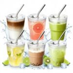 4 Packs Ribbed Glass Tumbler with Lid and Straw 13 oz Cute Ice Coffee Cup Set for Smoothie Juice Matcha Tea Latte Cappuccino Espresso Hot Coffe Water Reusable Clear Travel Boba...