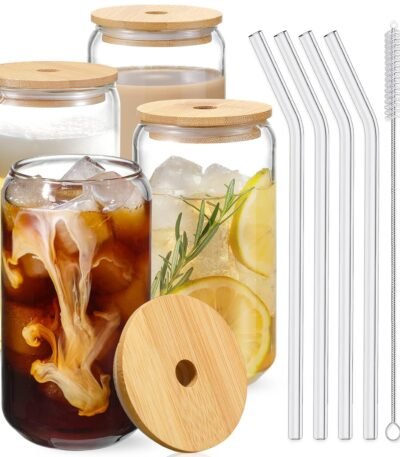 Drinking Glasses with Bamboo Lids and Glass Straw 4pcs Set - 16oz Glass Cups, Iced Coffee Glasses, Cute iced Tea Glasses, Beer Glasses, Ideal for Coffee Bar Accessories,...