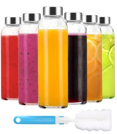 Luxfuel Clear Glass Bottles with Lids 18 oz, Reusable Glass Water Bottles with Stainless Steel Cap for Refrigerator, Juicing, 100% Leak Proof, BPA Free, Juice Bottle Drinking...