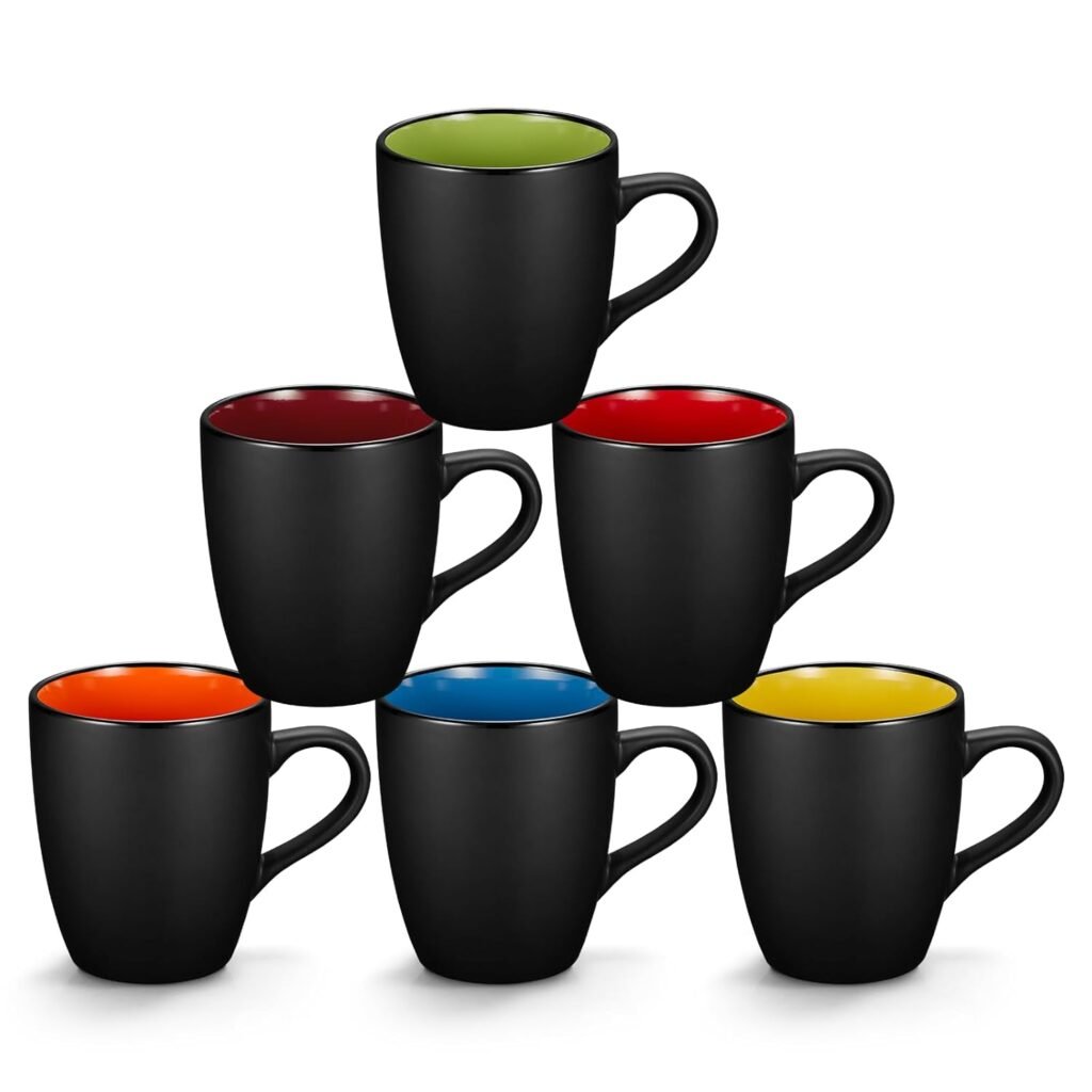 Qipecedm 6 Pack Porcelain Coffee Mugs Set, 12 Ounces Ceramic Coffee Mugs, Matte Black Coffee Mug, Restaurant Cups for Coffee, Tea, Cappuccino, Cocoa, Cereal, Black outside and...