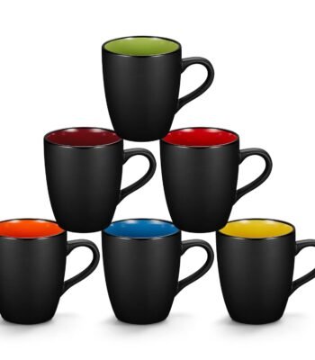 Qipecedm 6 Pack Porcelain Coffee Mugs Set, 12 Ounces Ceramic Coffee Mugs, Matte Black Coffee Mug, Restaurant Cups for Coffee, Tea, Cappuccino, Cocoa, Cereal, Black outside and...