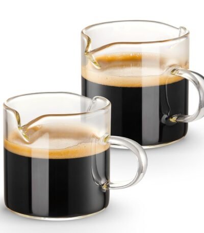 Qipecedm Espresso Cups Set of 2, 4 OZ Double Spouts Cups, Shot Glasses, Milk Cup with Handle, Clear Glass, Espresso Accessories for Machine, Small