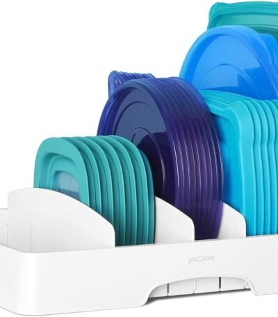 YouCopia StoraLid Food Container Lid Organizer for Kitchen Cabinet Storage with 5 Adjustable Dividers, 10.5''D × 13.4''W × 3.3''H, Large Classic Edition, White